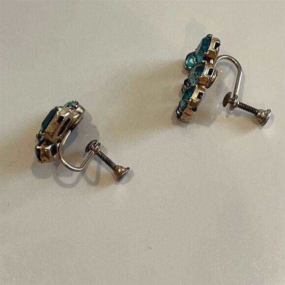 Vintage Teal Blue Rhinestone Screw Back Clip On Stud Dangle‎ Earrings - Picture 8 of 10